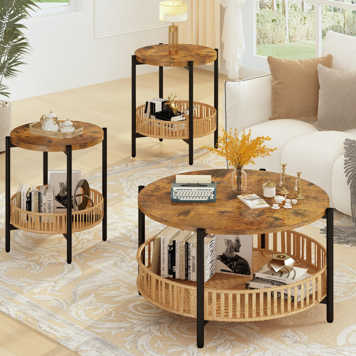 3 Pieces 2 Tier Round Rattan Coffee Table Set with Metal Frame Q719