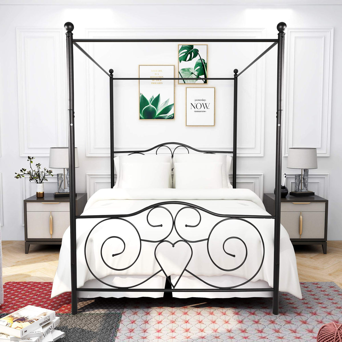 Black Steel Slat Bed Frame with Headboard and Footboard J208617