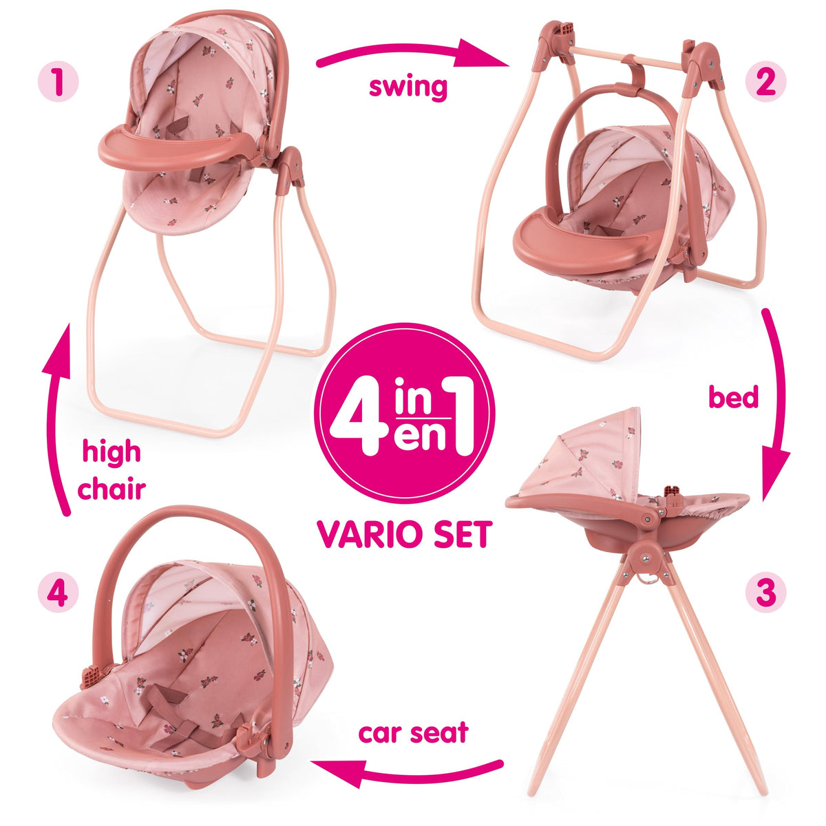 Pink Convertible Doll Highchair Swing Bed Car Seat Z242833