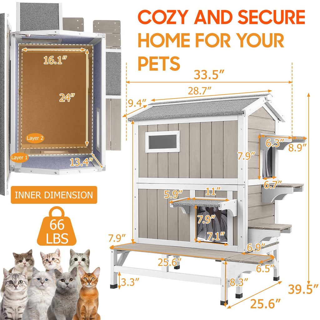 Insulated Outdoor Cat House 2-Story Wooden Shelter H4256
