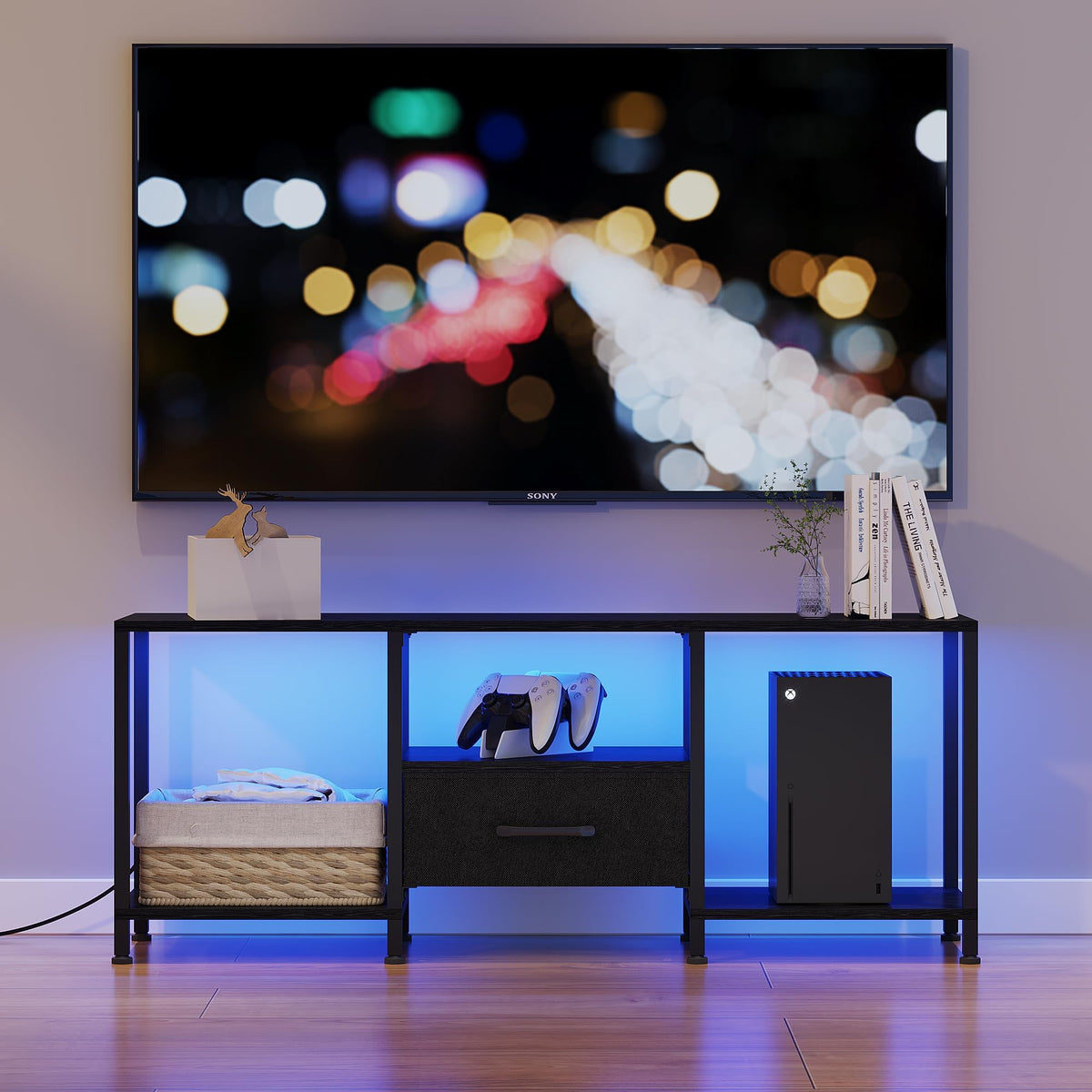 Black TV Stand with LED Lights and Fabric Drawer U1672