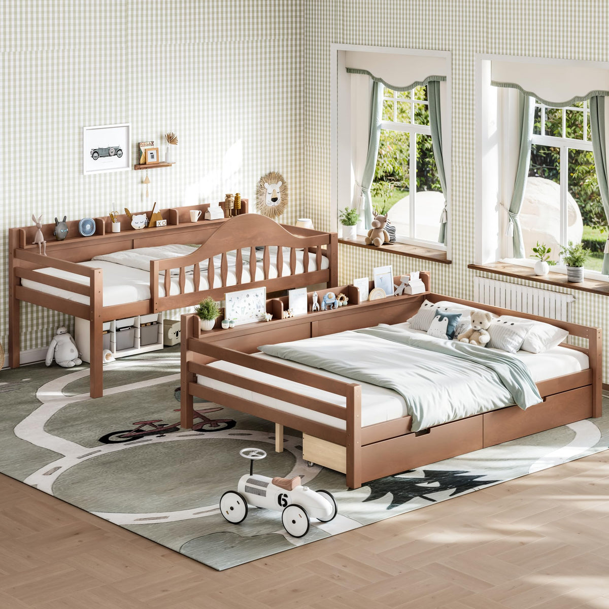 Twin Over Full Size Wooden Bunk Bed with Drawers & Ladder I527752