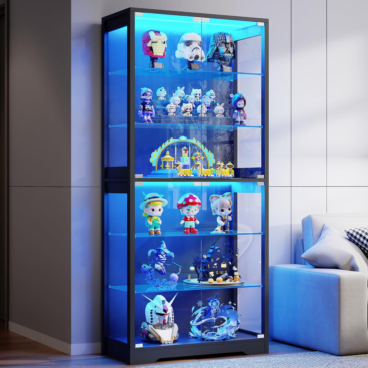71" Tall Display Cabinet with Glass Door and 3-Color Lights, Black Y361