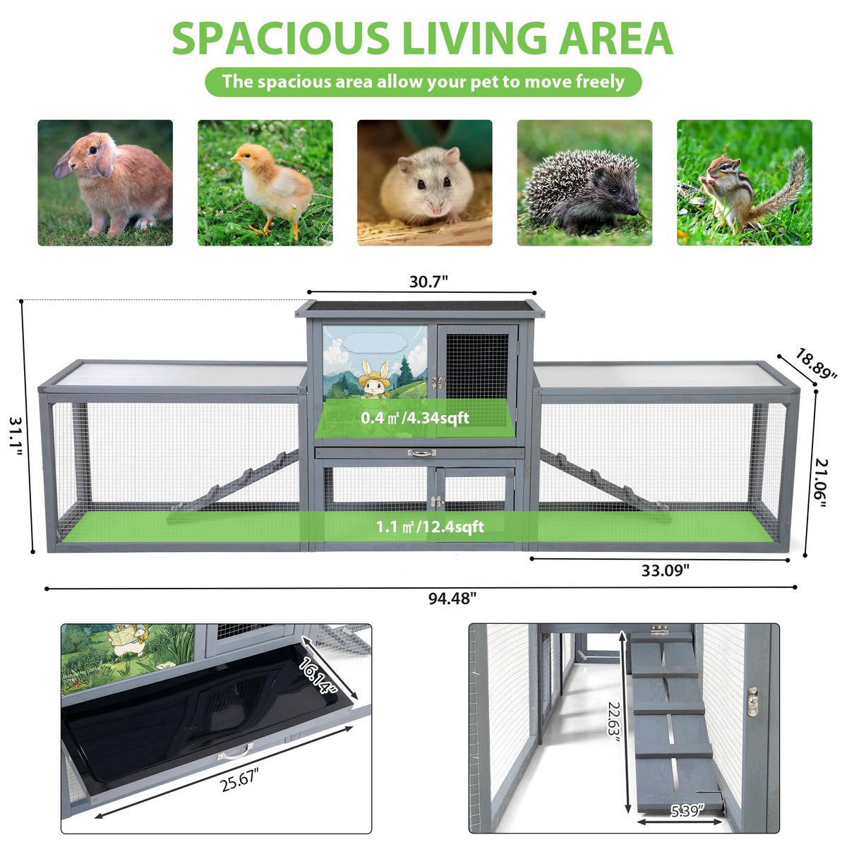 94.5" 2-Story Wooden Rabbit Hutch with Pull-Out Tray P1536