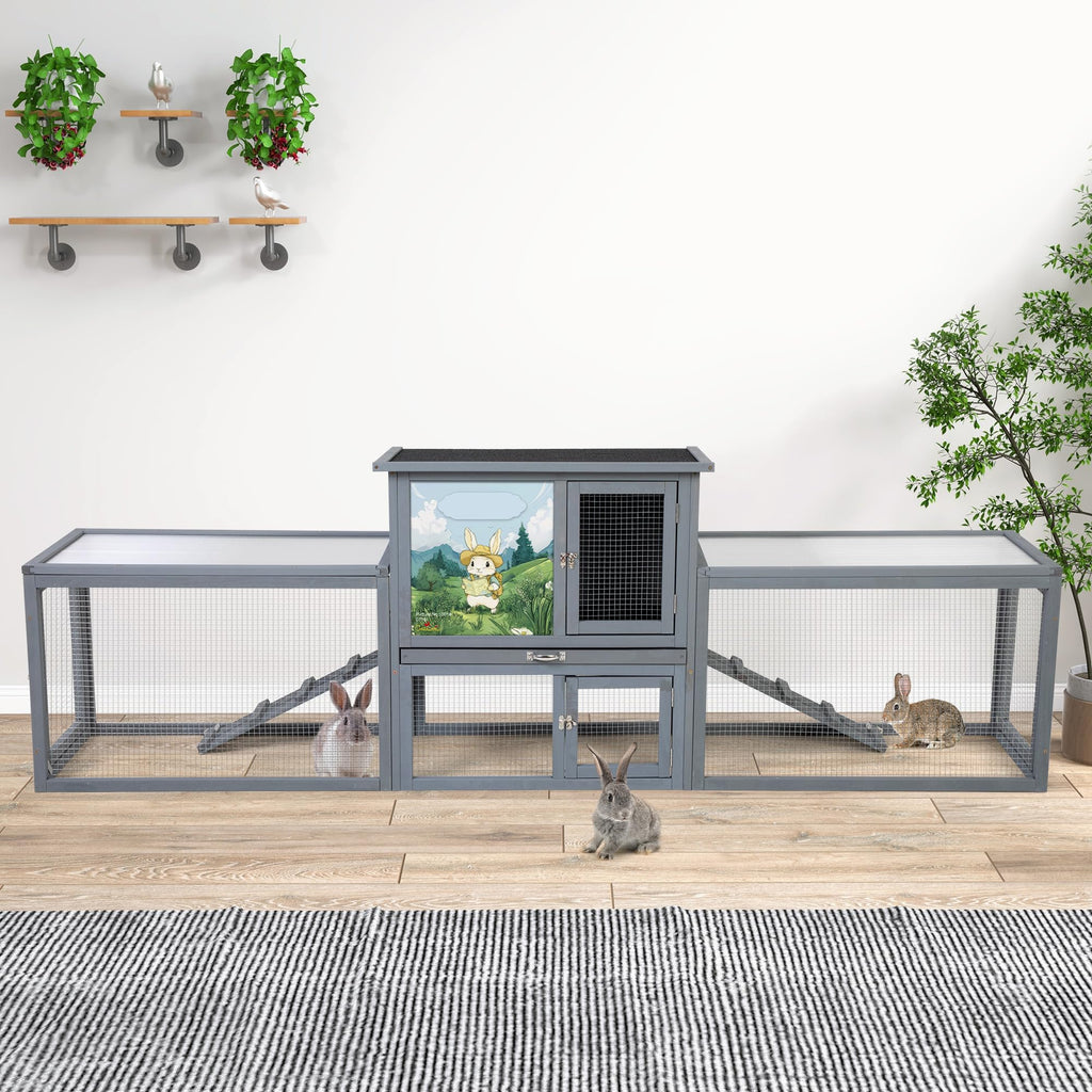 94.5" 2-Story Wooden Rabbit Hutch with Pull-Out Tray P1536