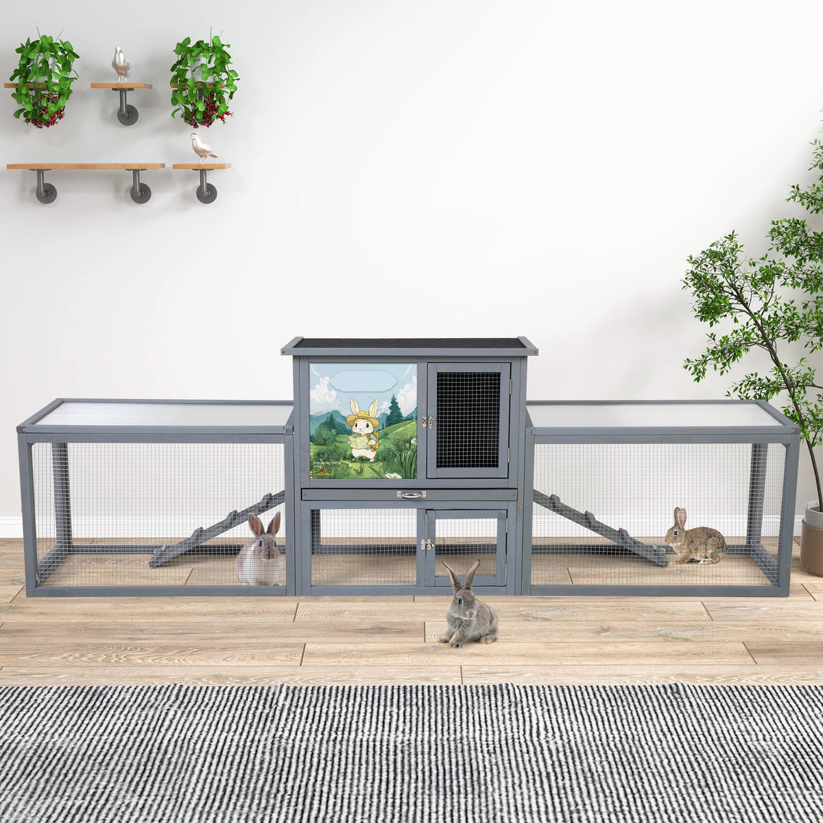 94.5" 2-Story Wooden Rabbit Hutch with Pull-Out Tray P1536