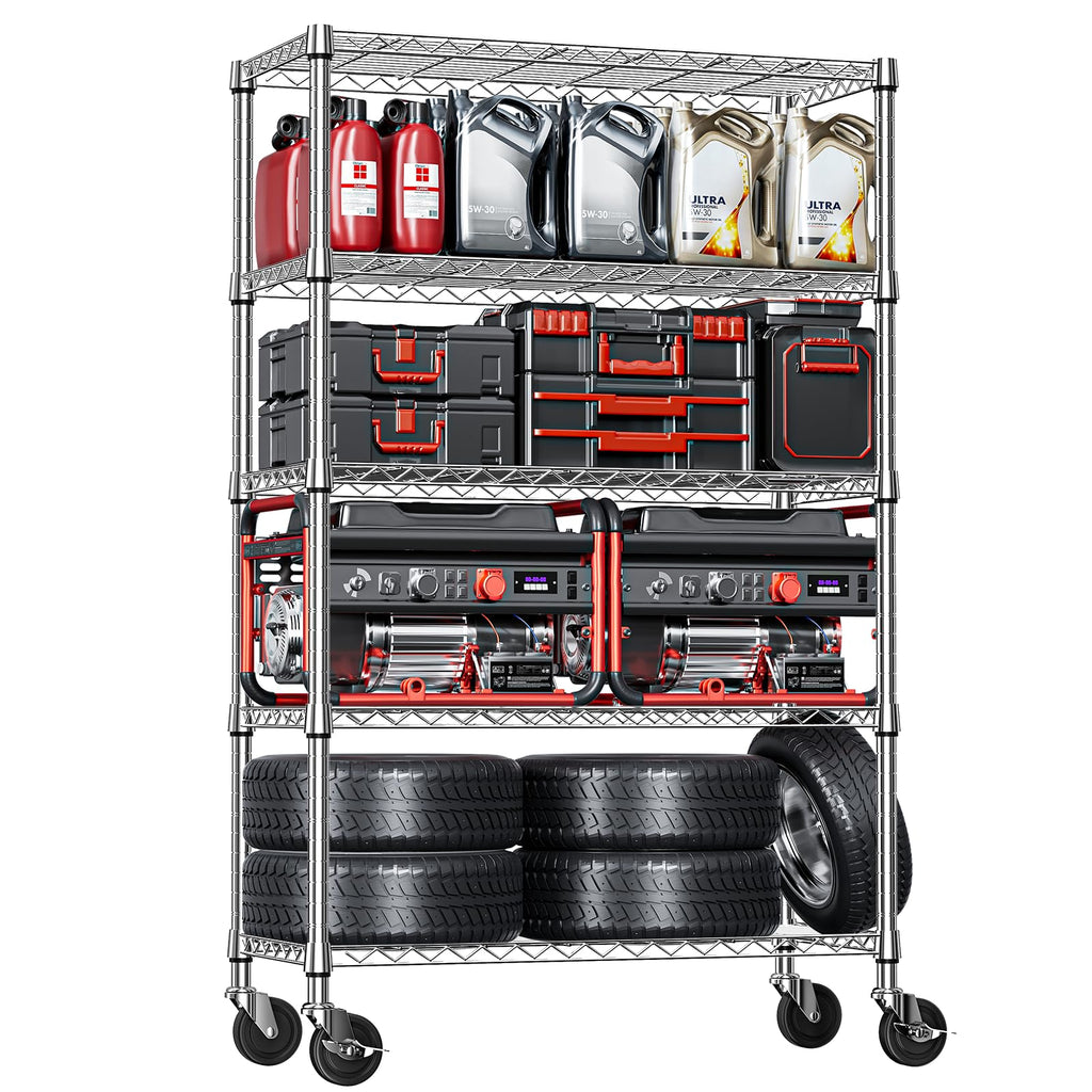 5-Tier Adjustable Heavy Duty Steel Wire Shelving Unit with Wheels E34624