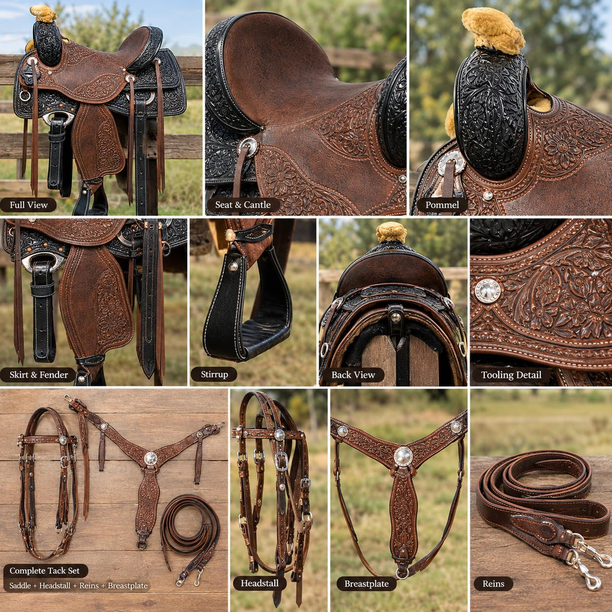 Argentina Cow Leather Tooled Horse Saddle Set with Headstall Reins & Breastplate H428