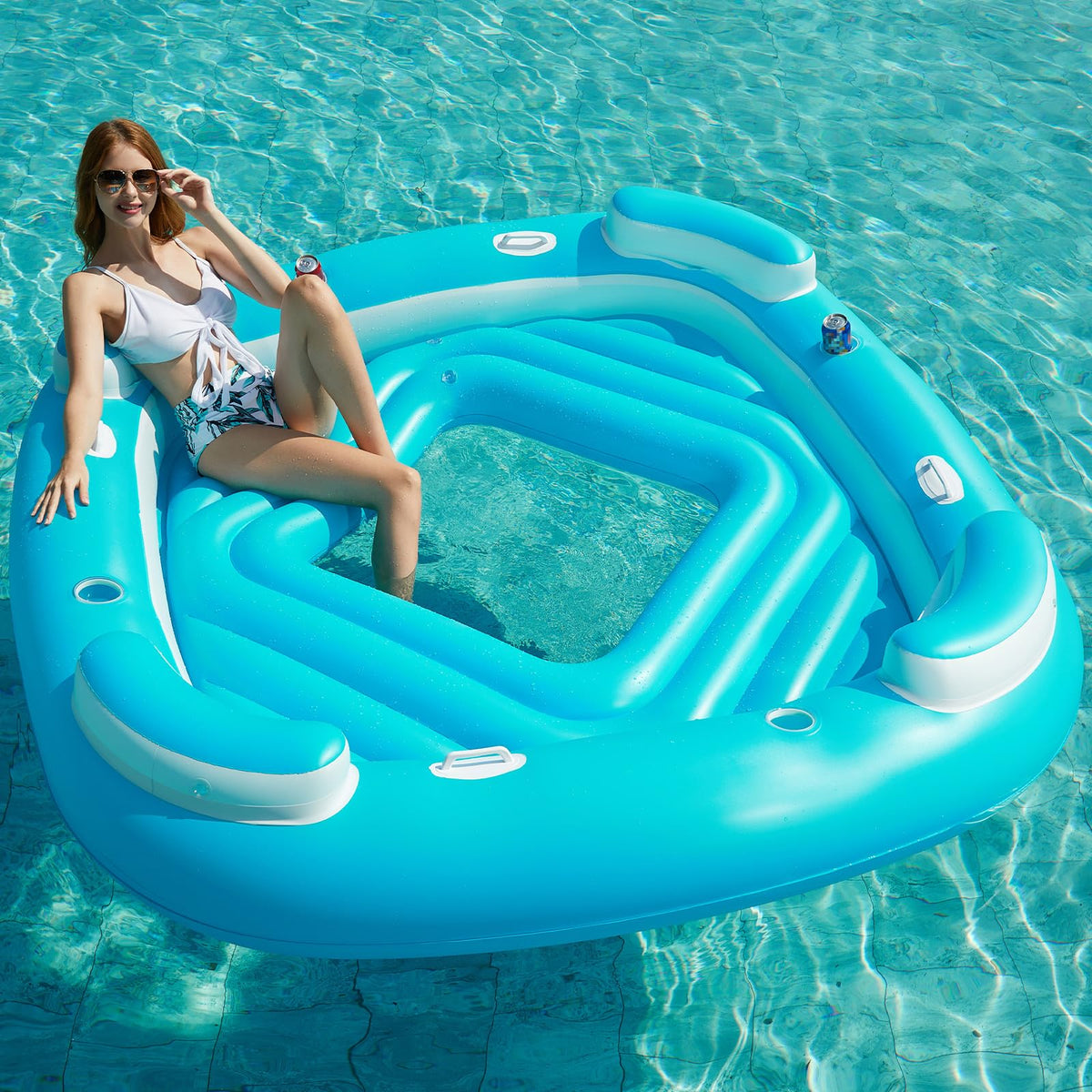 Blue XL Inflatable Pool Float with Cup Holders D831