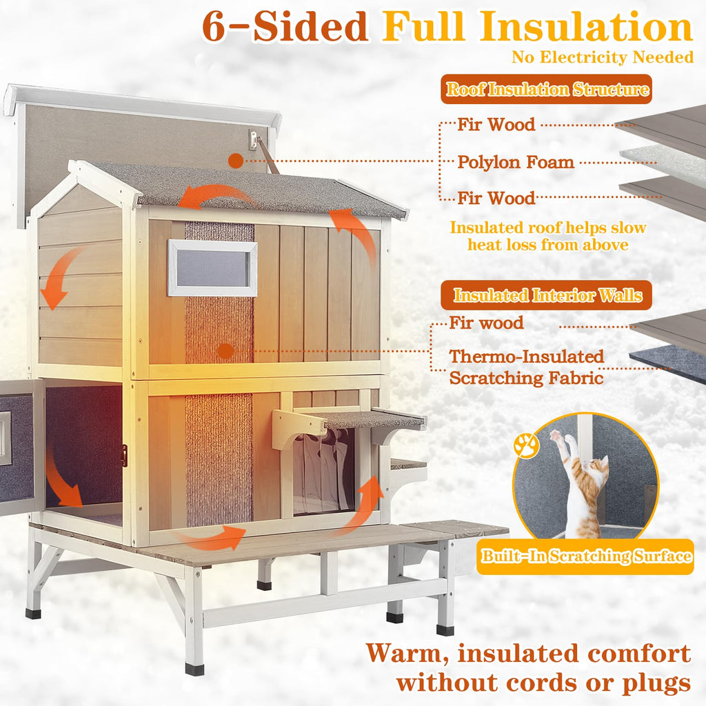 Insulated Outdoor Cat House 2-Story Wooden Shelter H4256