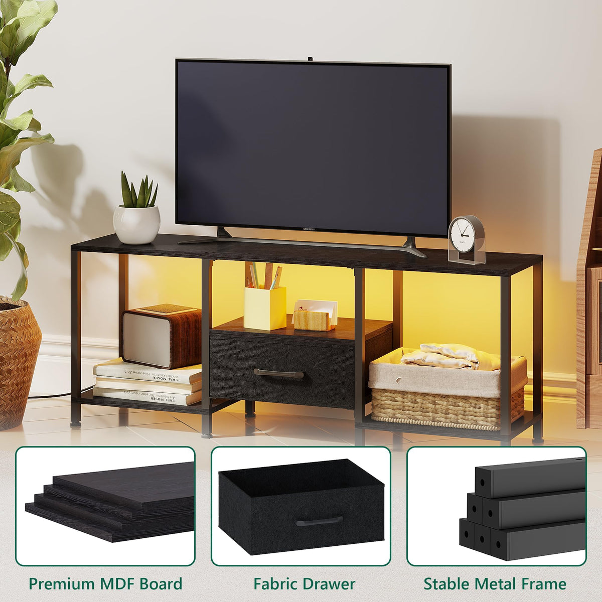Black TV Stand with LED Lights and Fabric Drawer U1672