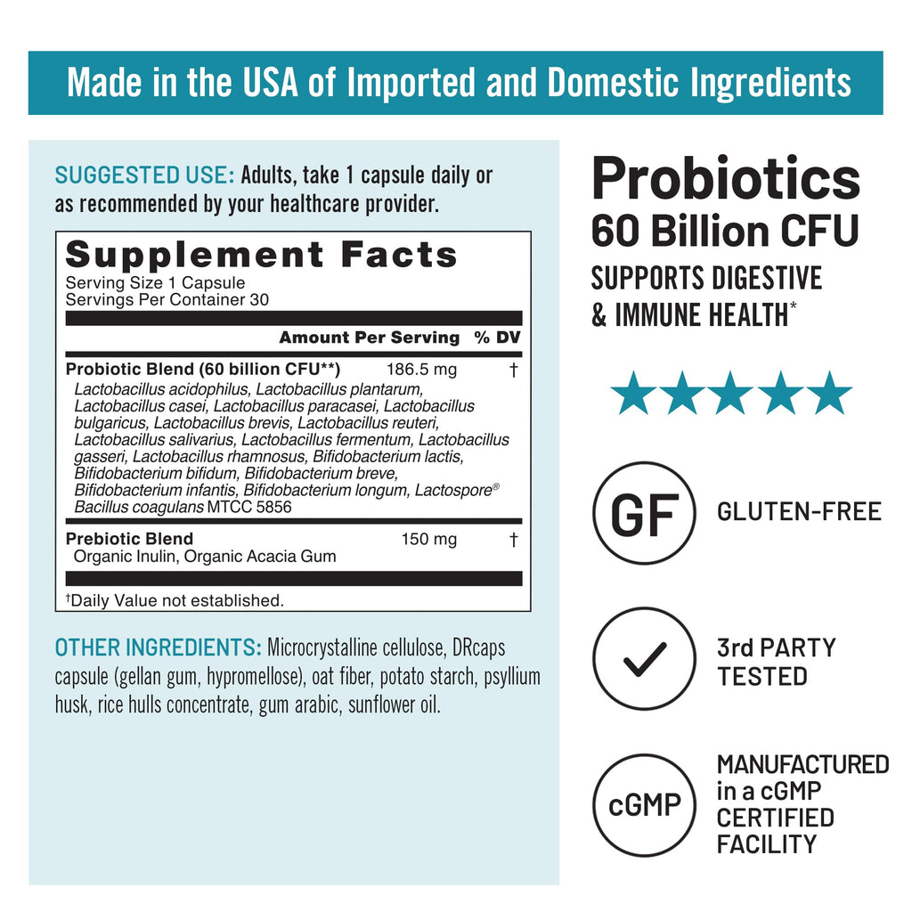 60 Billion CFU 17 Strains Probiotics with Prebiotics 30 Capsules W77891