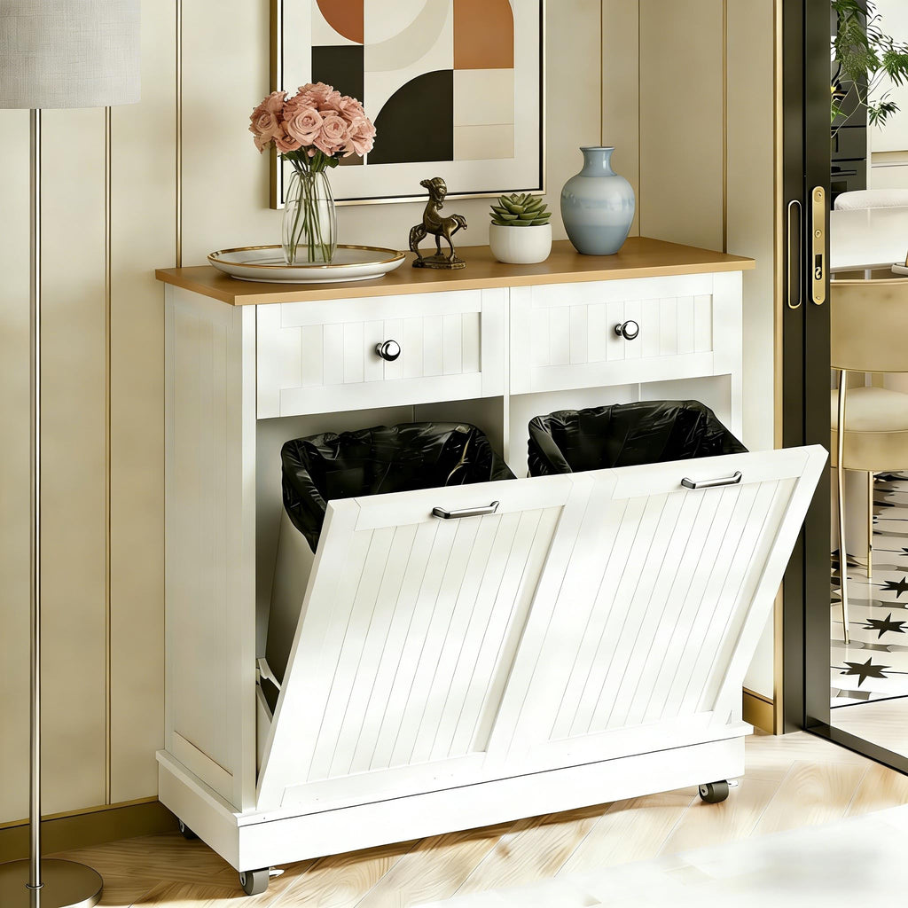 White 20 Gallons Tilt-Out Trash Can Cabinet B83555