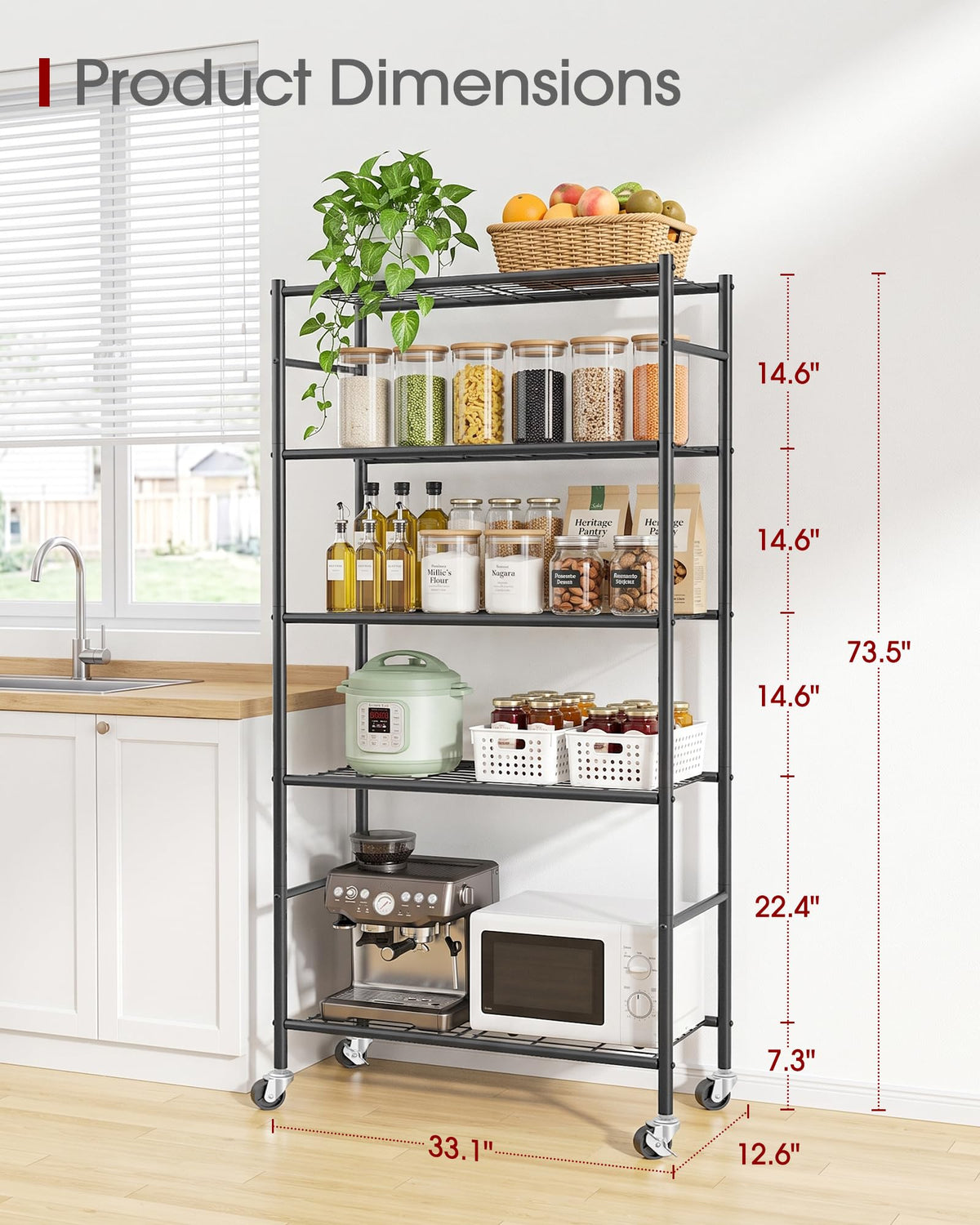 5-Tier Storage Shelves Black with Wheels F371
