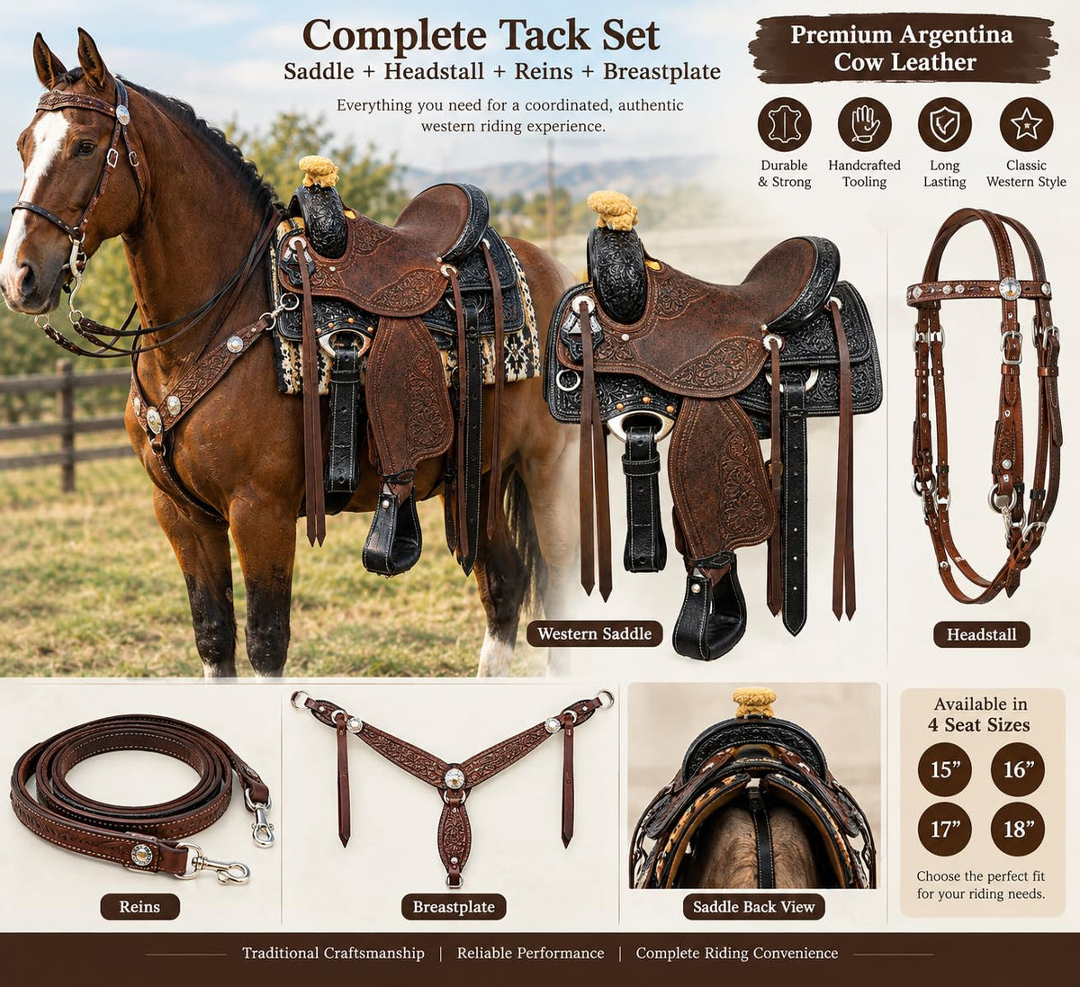 Argentina Cow Leather Tooled Horse Saddle Set with Headstall Reins & Breastplate H428