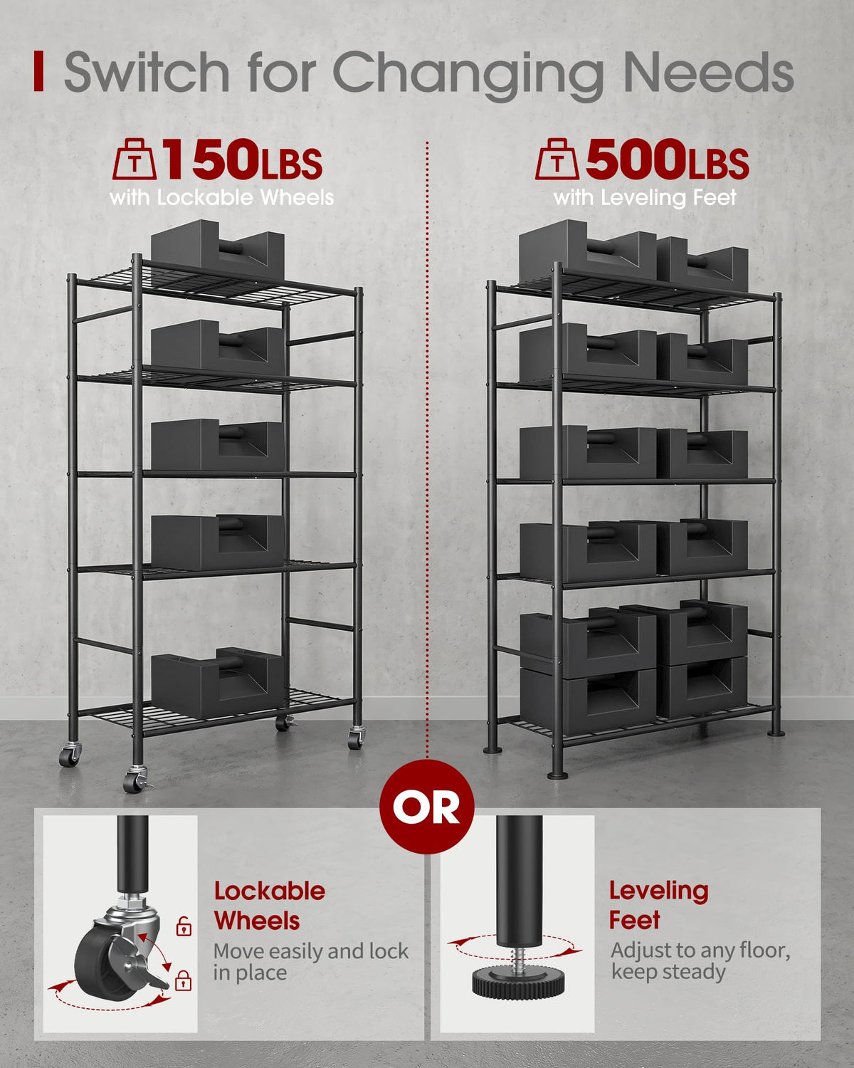 5-Tier Storage Shelves Black with Wheels F371