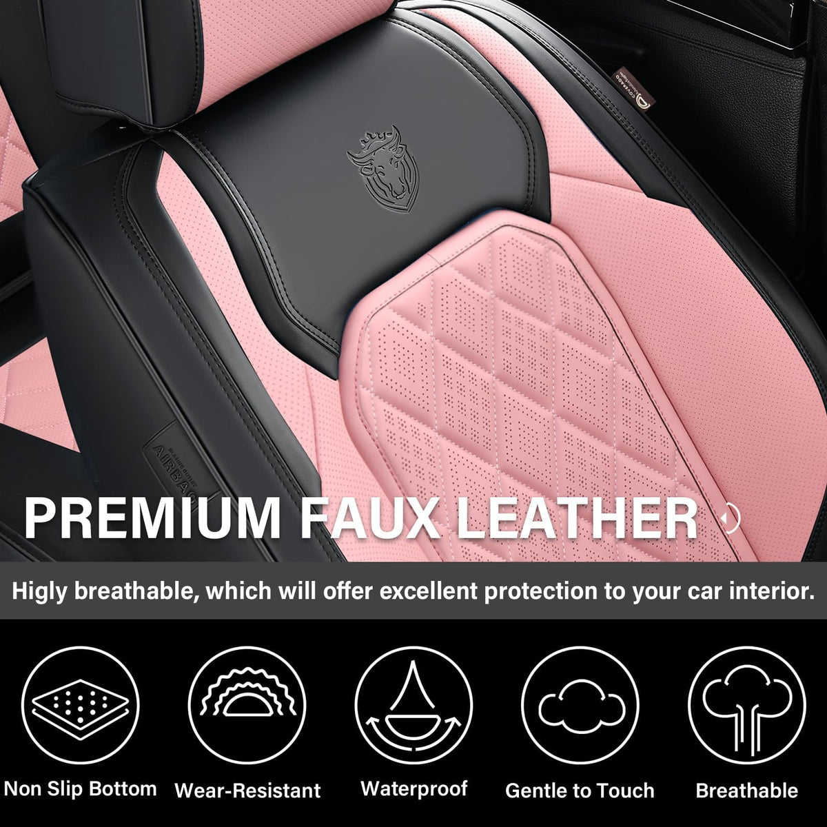 Waterproof Faux Leather Pink & Black Car Seat Covers Full Set I409