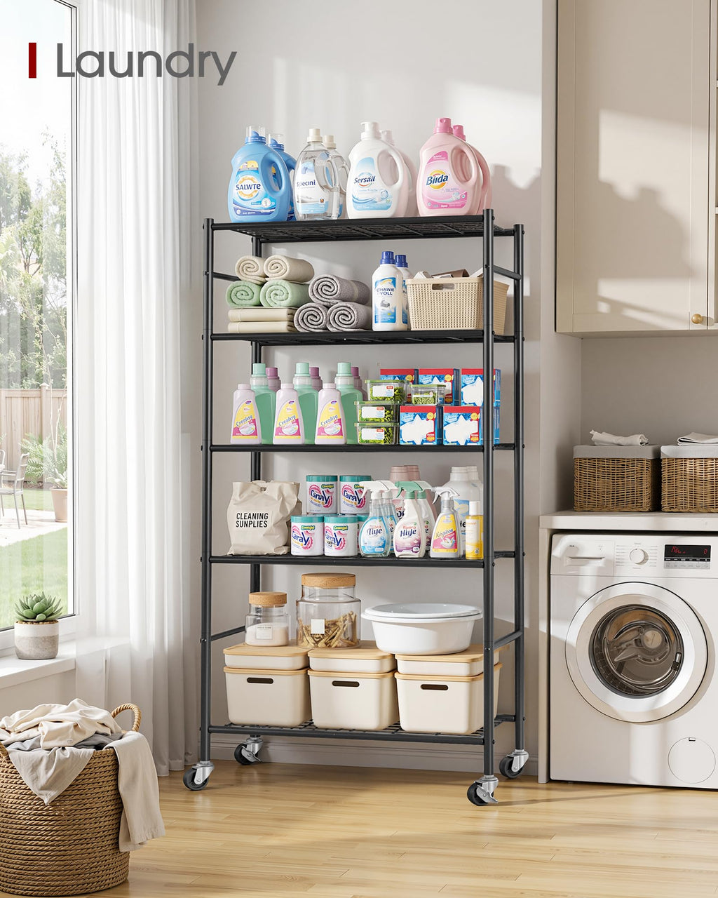 5-Tier Storage Shelves Black with Wheels F371
