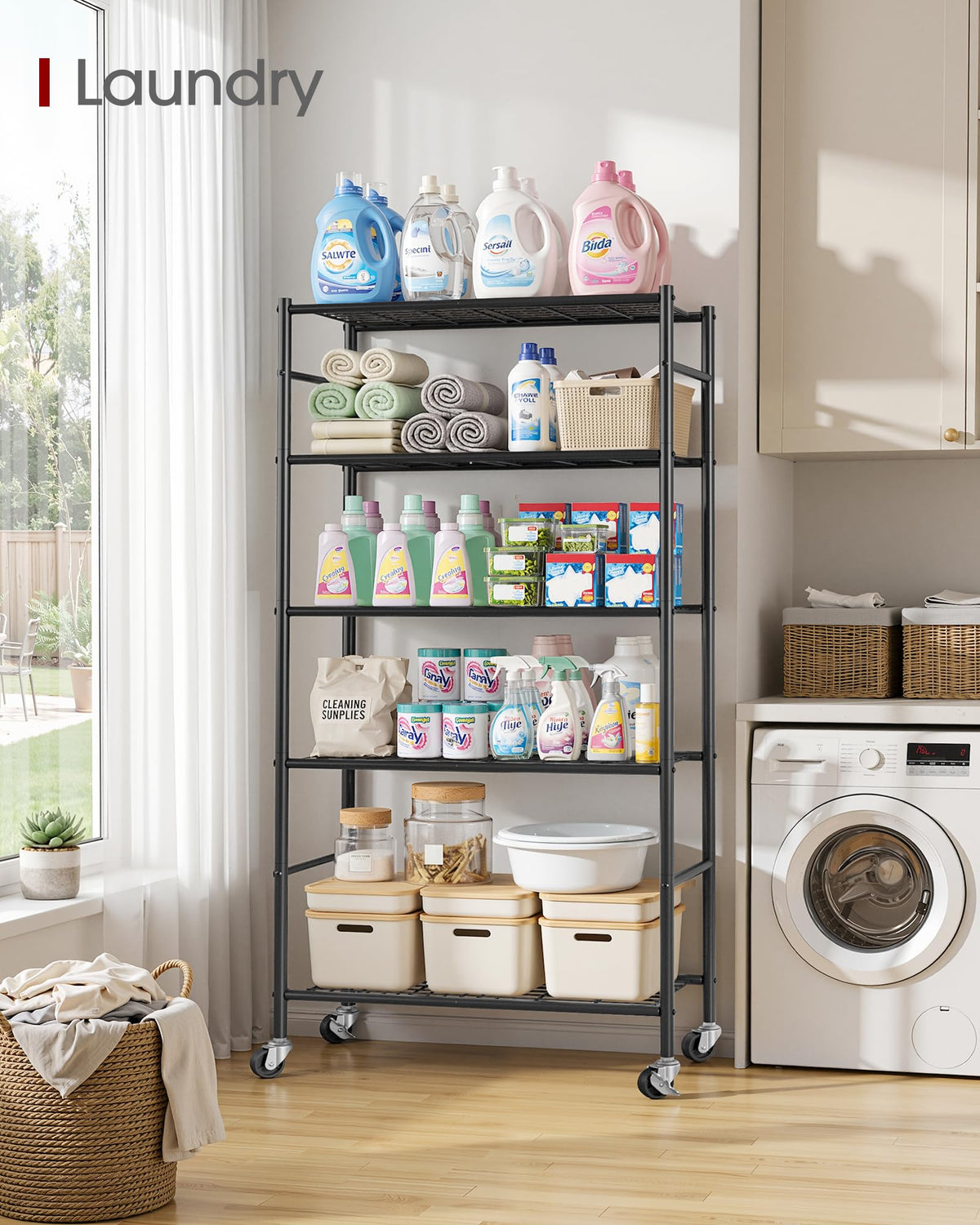 5-Tier Storage Shelves Black with Wheels F371