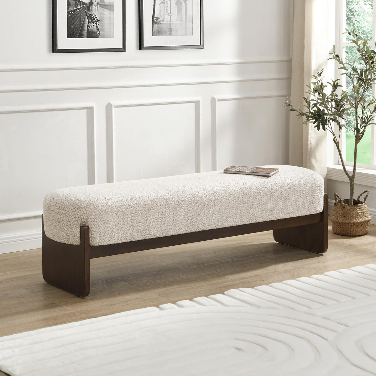 Beige Brown Loop Yarn Fabric Ottoman Bench F740