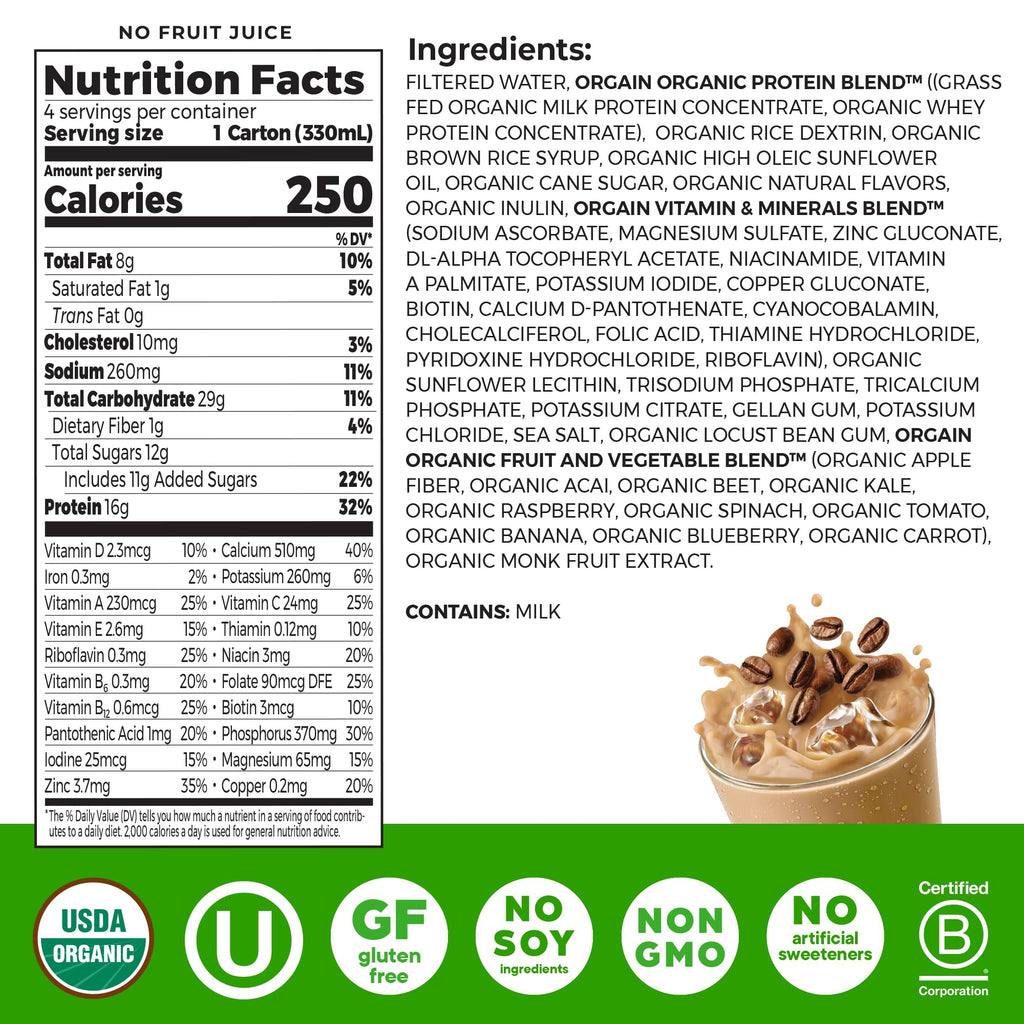 Organic Grass Fed Protein Shake, Café Mocha, 11oz, 12pk Z73665