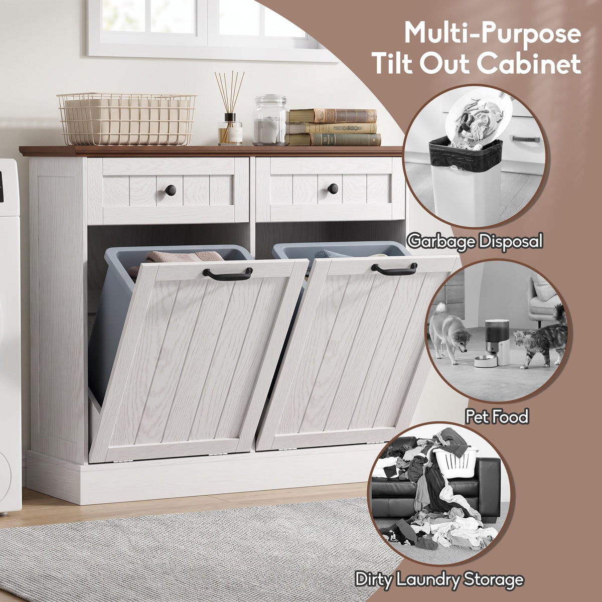 White 2x10 Gallons Tilt Out Trash Can Cabinet P74513