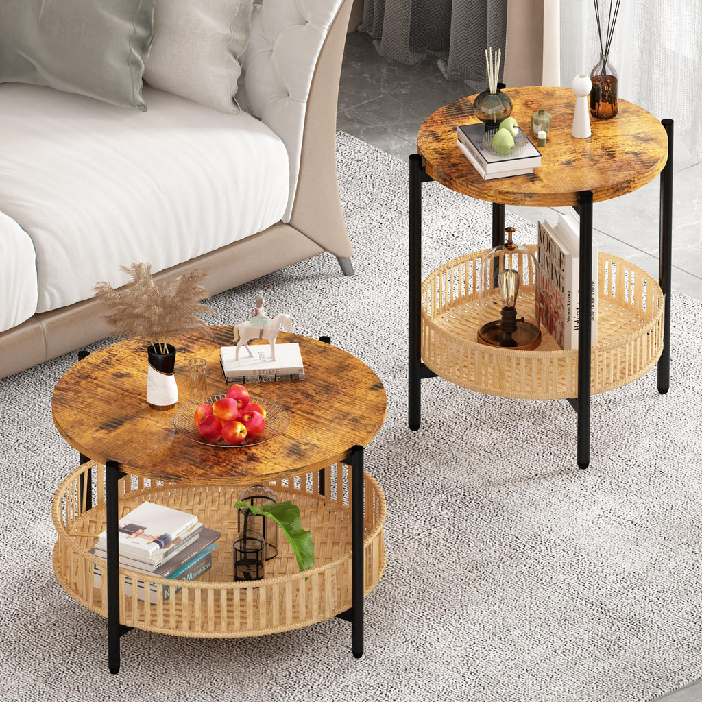 3 Pieces 2 Tier Round Rattan Coffee Table Set with Metal Frame Q719