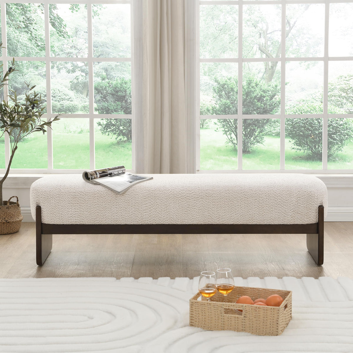 Beige Brown Loop Yarn Fabric Ottoman Bench F740