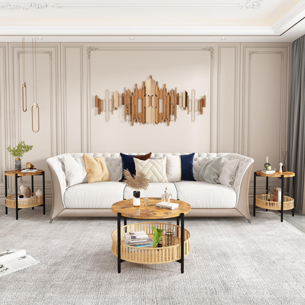 3 Pieces 2 Tier Round Rattan Coffee Table Set with Metal Frame Q719