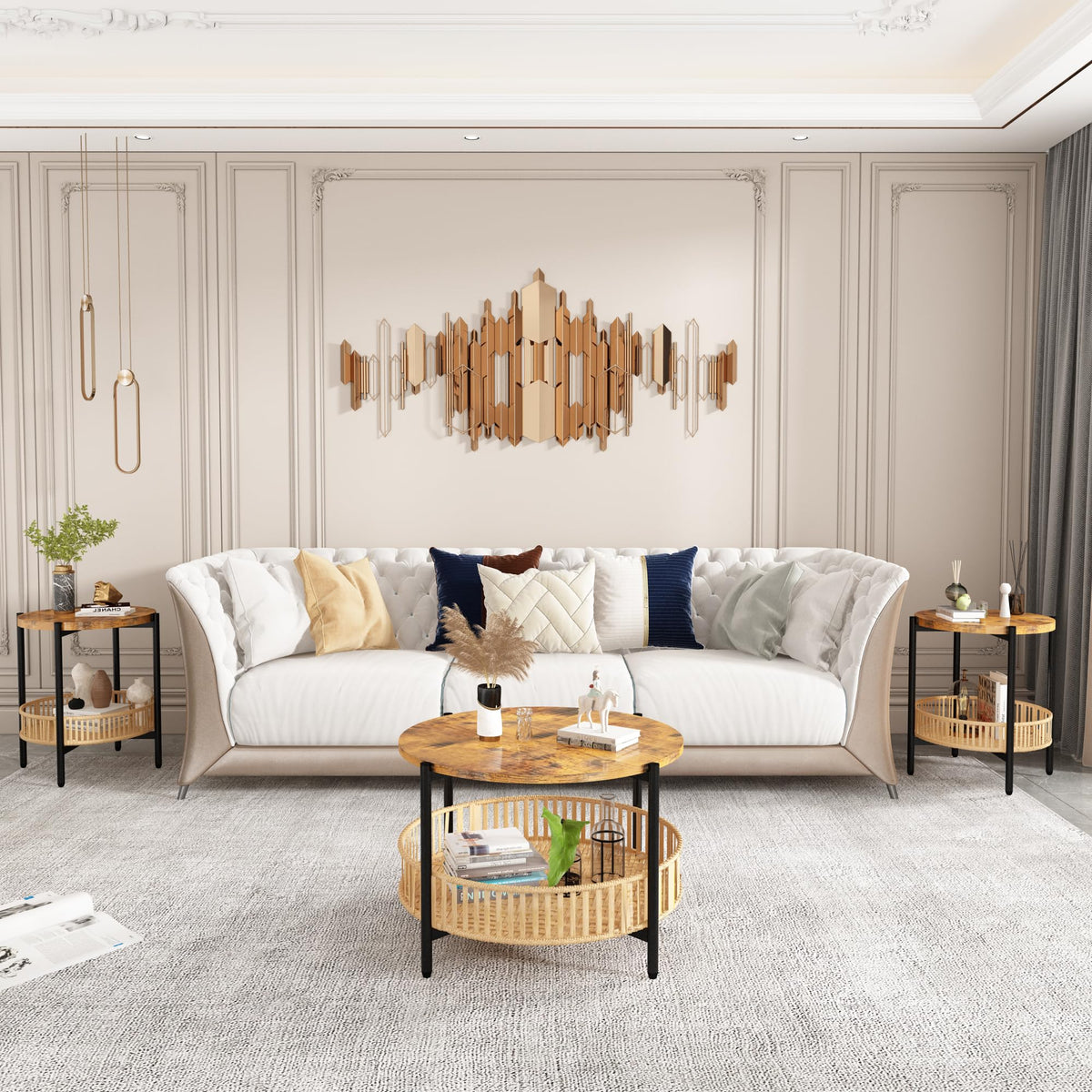 3 Pieces 2 Tier Round Rattan Coffee Table Set with Metal Frame Q719