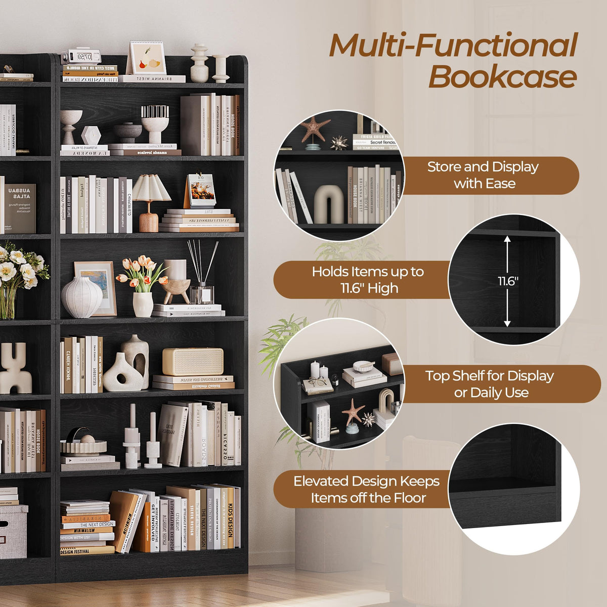 Black 7-Tier Adjustable Shelves Bookcase F53538