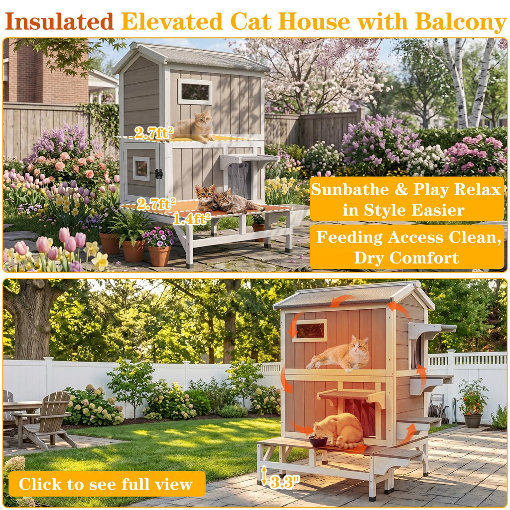Insulated Outdoor Cat House 2-Story Wooden Shelter H4256